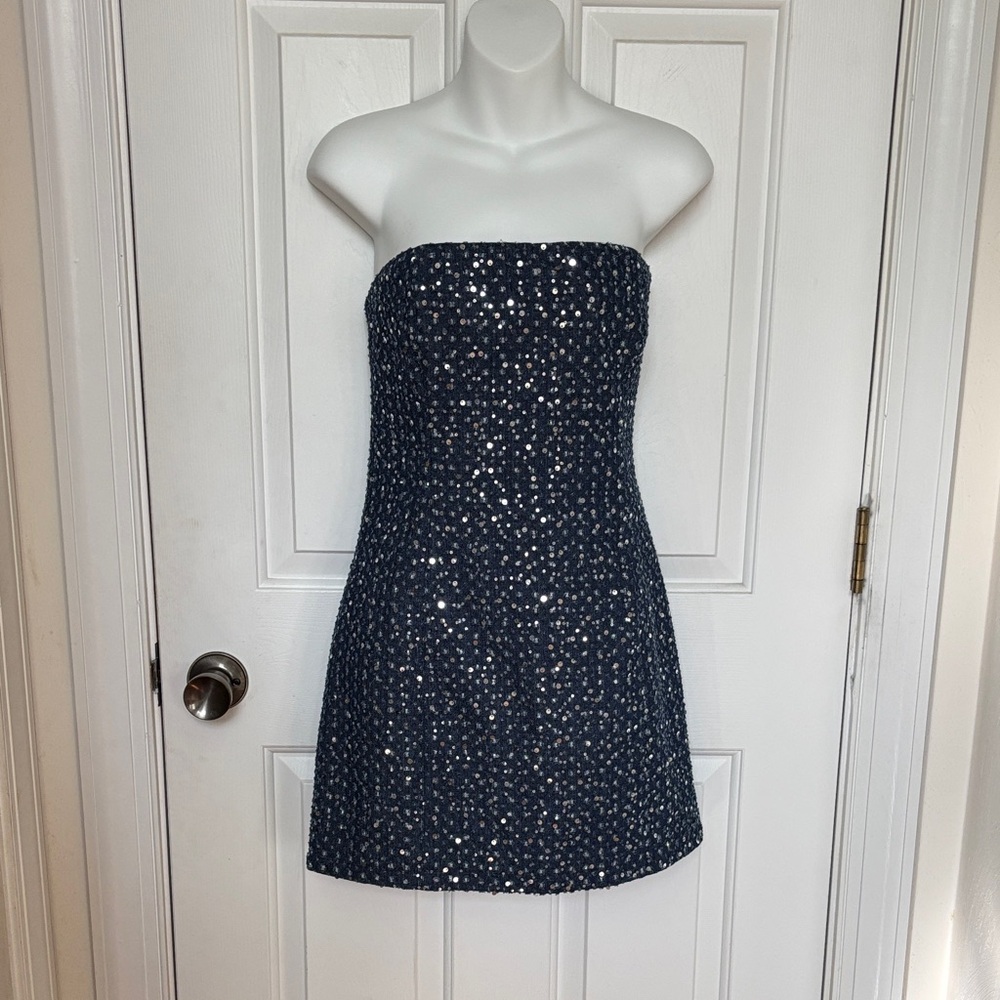 Lovers + Friends Berner Dark Blue Sequin Strapless Mini Dress